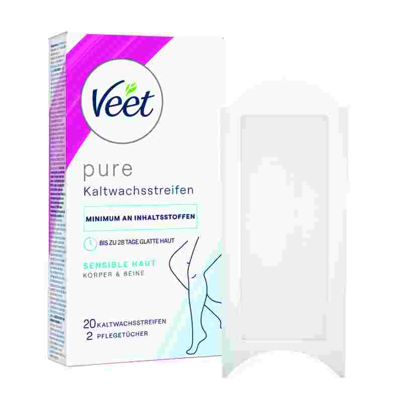 Veet PURE Kaltwachsstreifen Beine & Körper, sensible Haut, 20 Stück